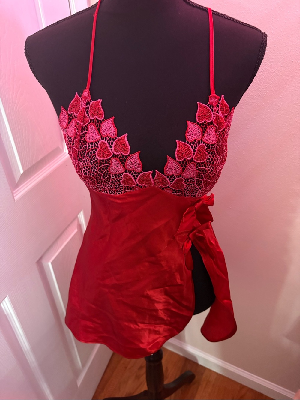 Vintage Frederick's of Hollywood Red Satin & Lace Chemise with Side Tie